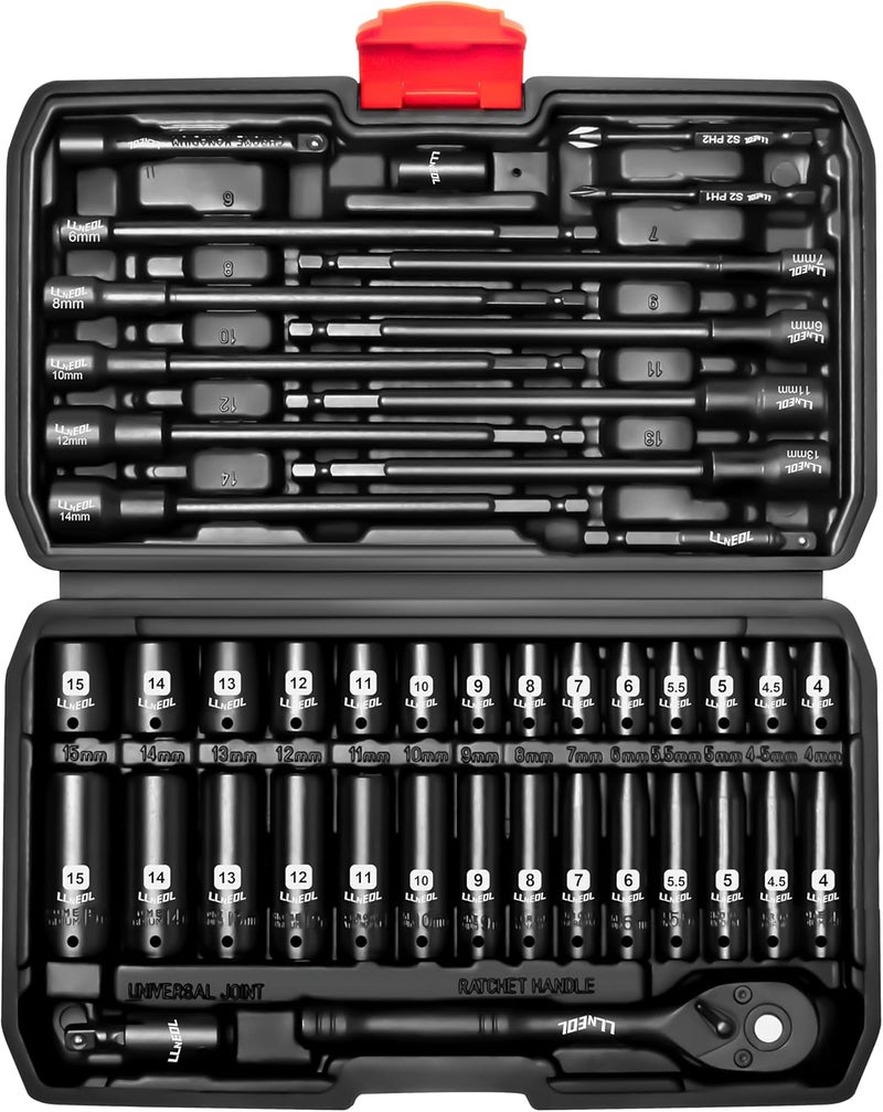 LLNEDL 1/4 inch Drive Socket Set & Nut Driver Set 44PCS, Metric Sockets Deep&Shallow (4-15mm) with Ratchet, 6" Magnetic Nut Drivers with 1/4" Hex Shank(6-14mm), Drill Bits (PH1/PH2) - Image 1